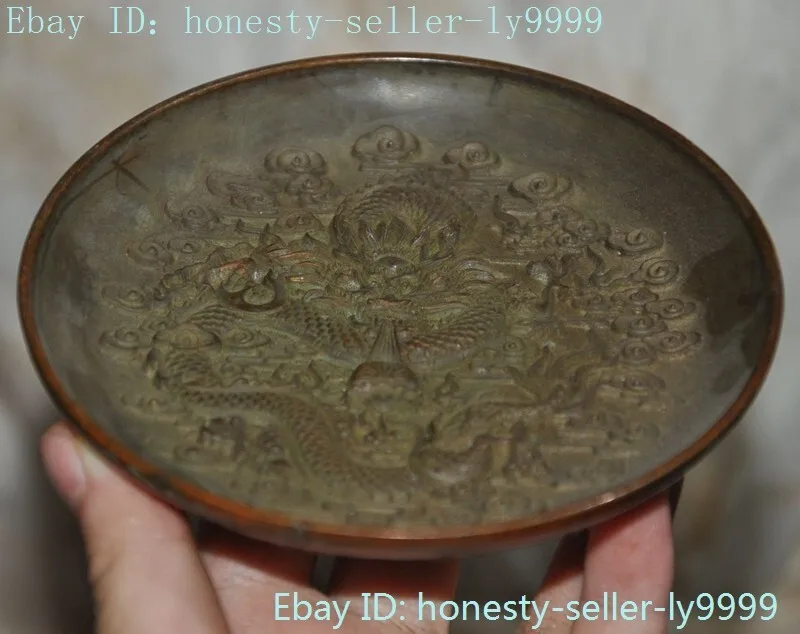

4.2 inch Chinese bronze feng shui lucky animal dragon statue tray tray - Brass animal sculpture