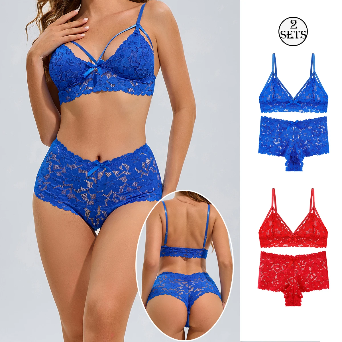 2 sets rood en blauw kanten ondergoed sets sexy lingerie pure wens beha dunne ademende beha holle damesslipjes