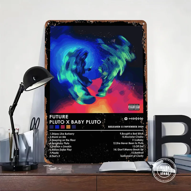 Future Pluto Baby Pluto Poster Customized Vintage Metal Signs Wall Art Retro Tin Plaque for Bedroom Decoration Gaming Wand Deko