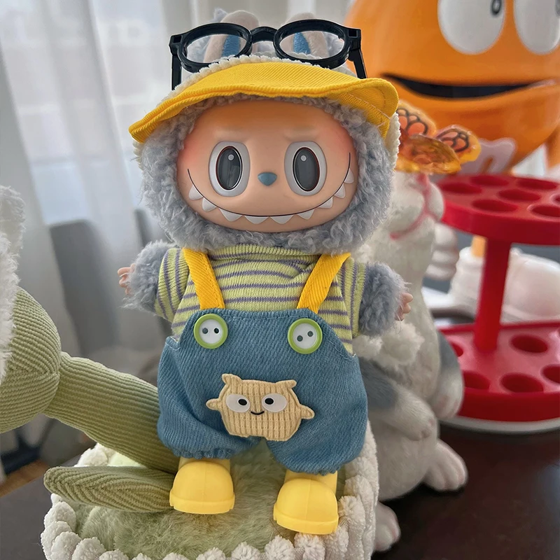 Für Labubu-Puppen, erste zweite Generation, Plüschtiere, sitzende Party, Vinylfiguren, Strickpullover, Fischerhut, Overall, Jeans-Set