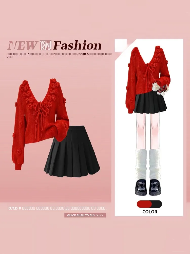 

Корейский стиль: Свободный вязаный комплект с V-образным вырезом, длинными рукавами и юбкой, с цветочной вышивкой, молодежный зимний наряд, женская мода Ense...