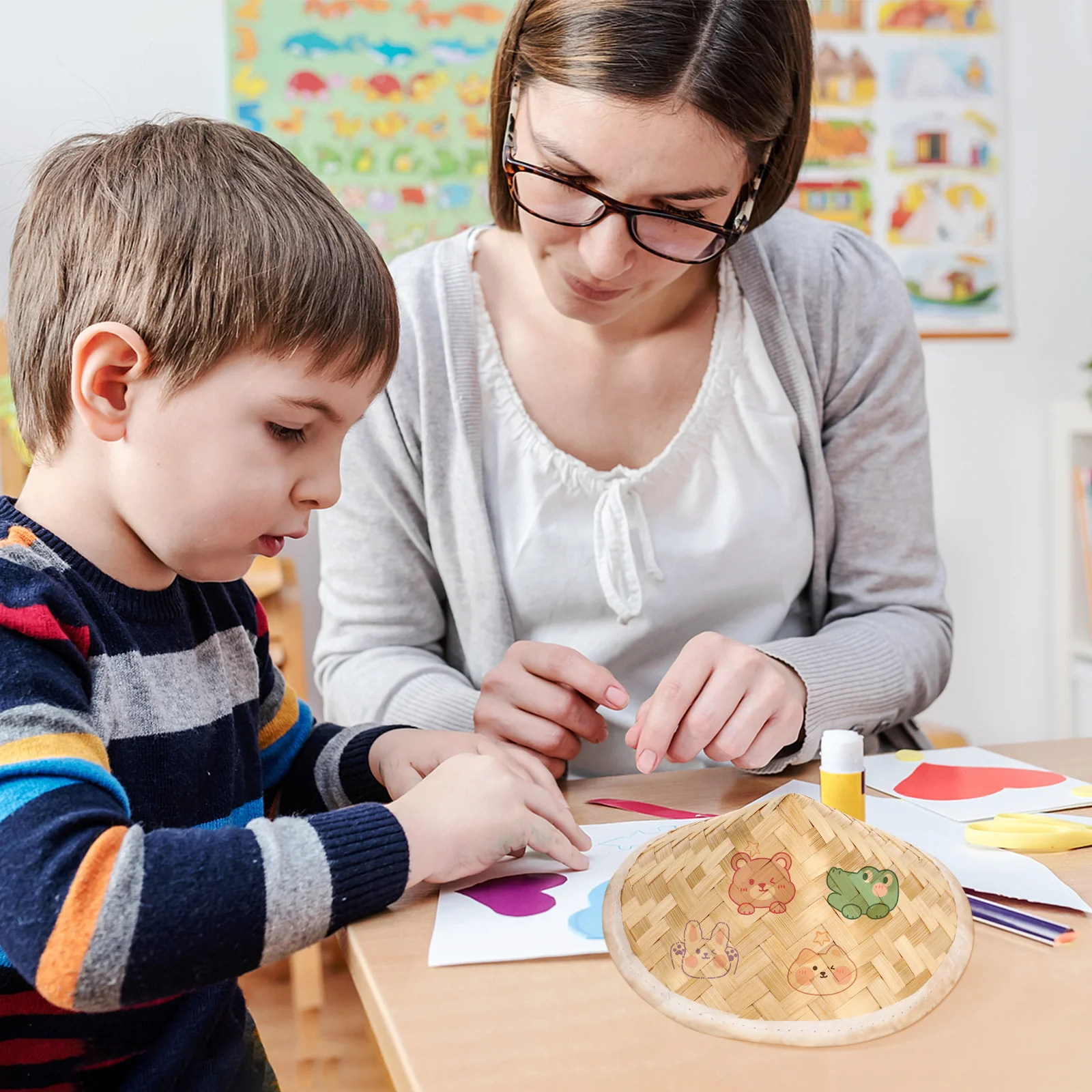 

2pcs Bamboo Woven For Kids Lightweight Straw Hat Craft Diy Painting Home Decoration Wall-Mounted Hanging Ornament Decorative