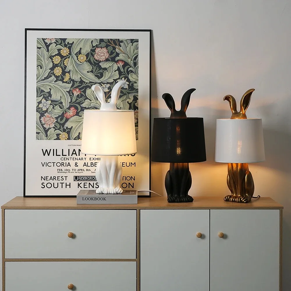 Retro Resin Table Lamp Gold Silver Masked rabbit Lamp For Bedroom E27 Cute Bedside LampHome Kids Room fabric Night Light Decor