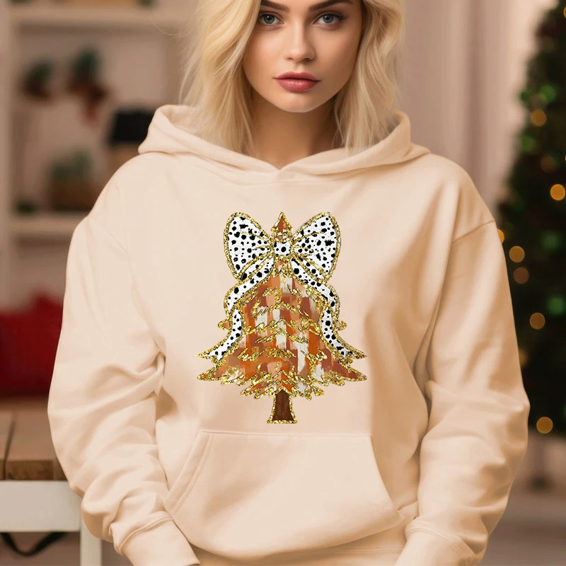 Winter Women Christmas Hoodies Funny Letter Leopard Print Bow Christmas Tree Pullover Long Sleeve Xmas Gifts Ladies Sweatshirt