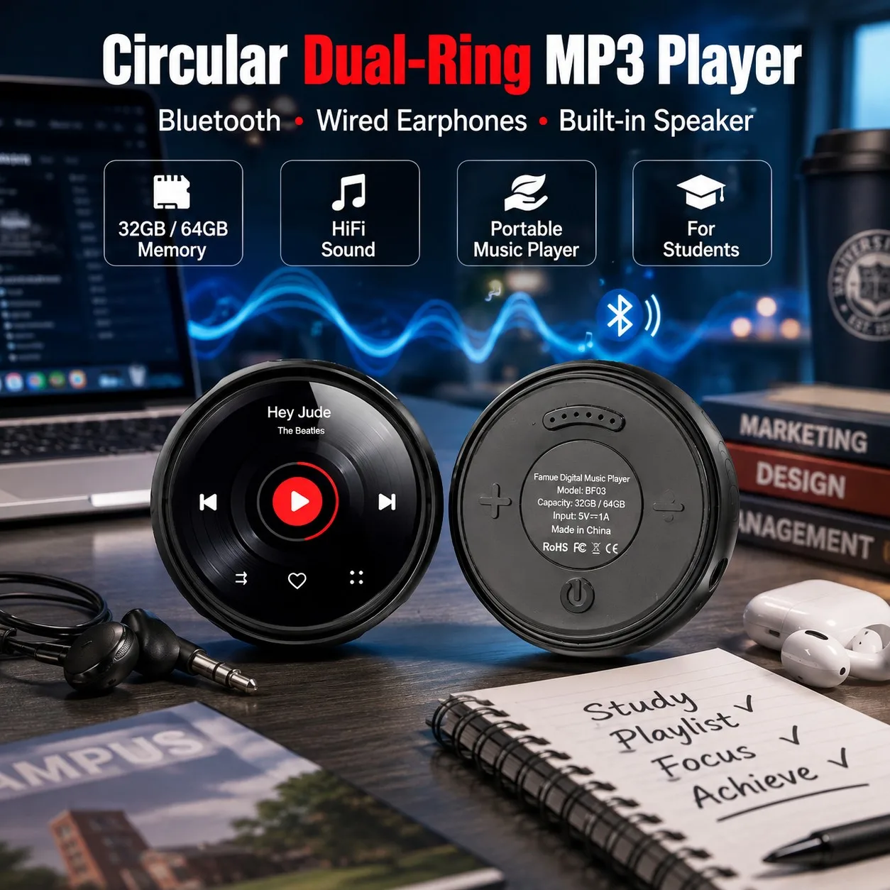 MP3 Player Bluetooth 5.3 Portable Music Player Fidget Toys Vinyl Record Screen E-Book Reader Voice Recorder 32GB Speaker Alarm