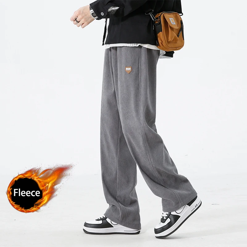 Men's Fleece Appliqué Trim Mop Pants Outdoor Wide-leg Hip-hop Slacks Winter Men's Loose-fitting Skin-friendly Stretch Pants