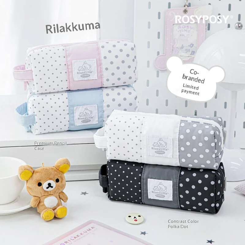 Rosyposy Rilakkuma Polka Dot Pencil Case Color Block Large Capacity Portable Stationery Bag With Handle For Female Office Use