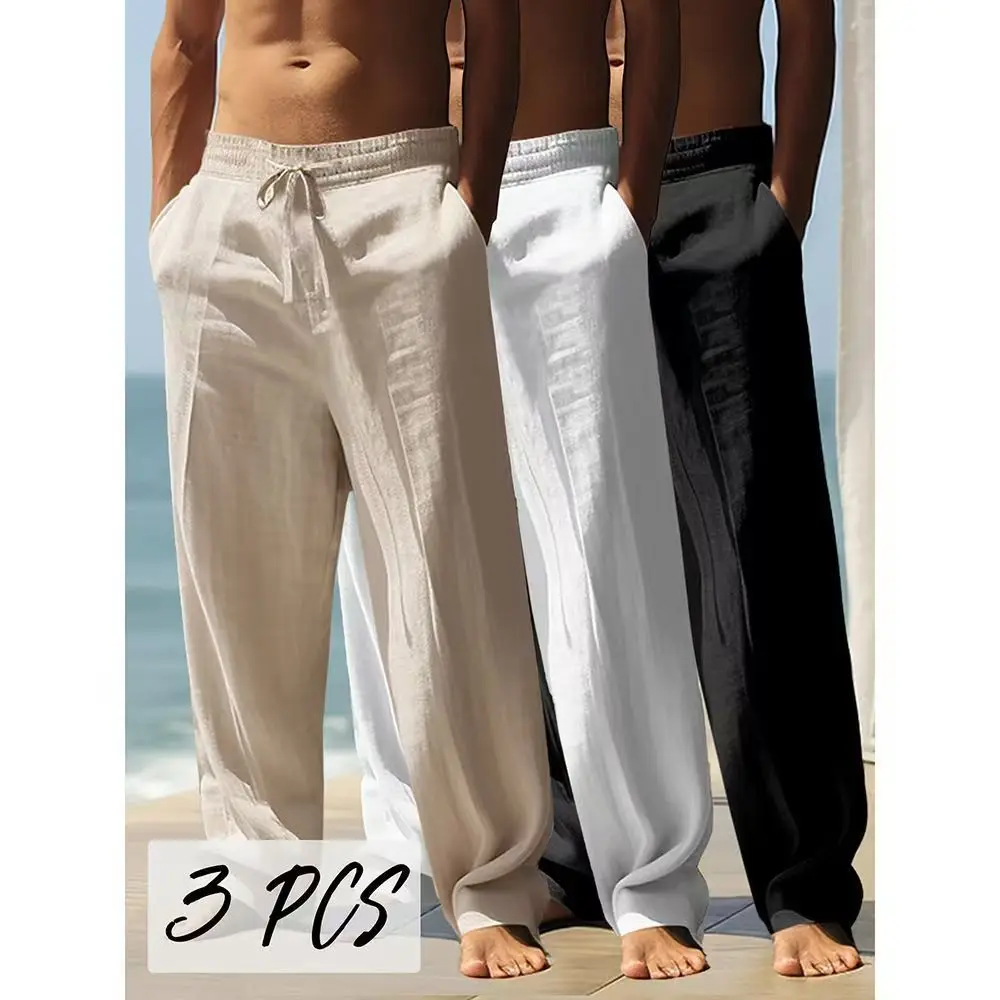 

2026 Spring/Summer New Men's Cotton and Hemp Pants Fashionable and Casual Solid Color Breathable Loose Plus Wide Leg Pants M-4XL