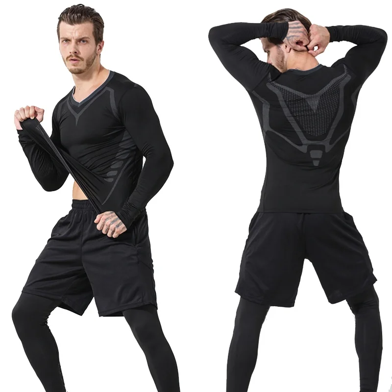 Four-Piece Sportswear Top for Men Spring/Autumn Tight-Fitting Training Long-Sleeved Workout Clothes for Running Compression Top