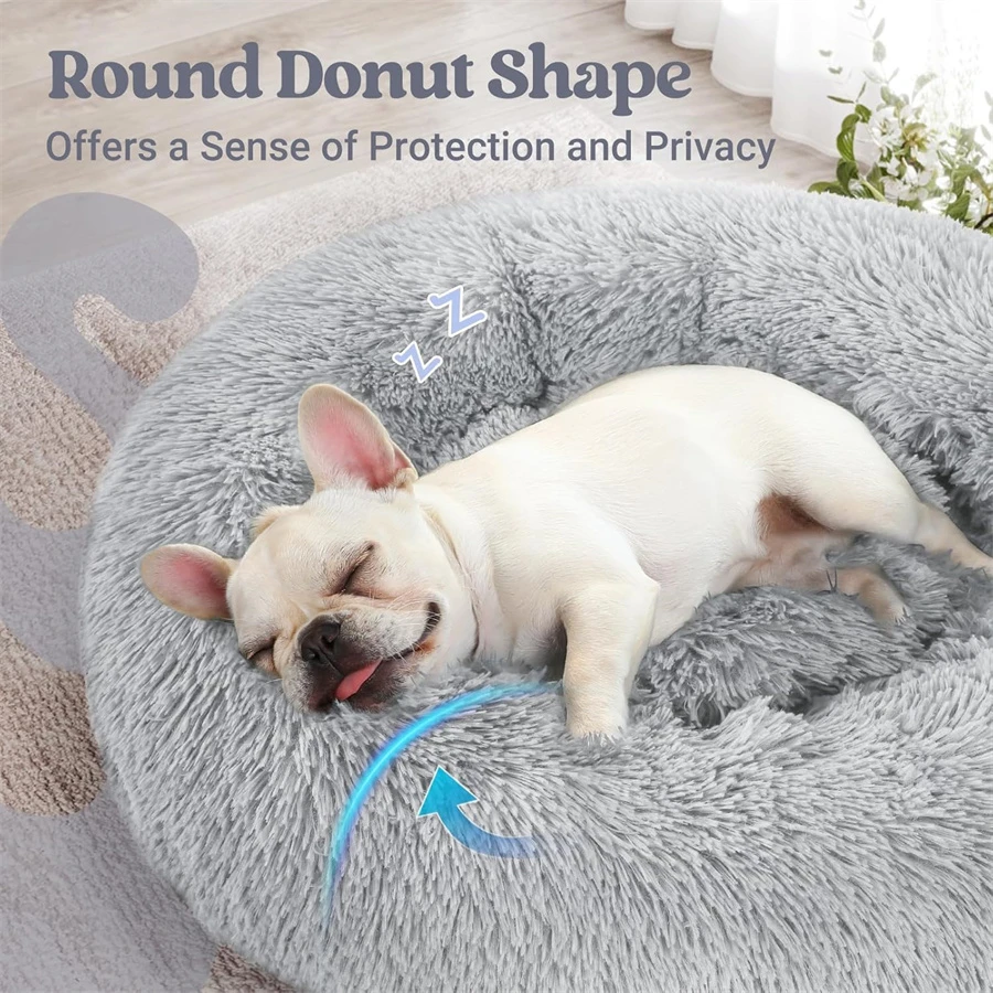 Weiches, langes Plüsch-Katzenhaus, Hundebett, beruhigendes, warmes Kunstfell-Bett, Donut-förmiges, komfortables Schlafbett, waschbar für kleine und mittelgroße Hunde und Katzen – Detail 14