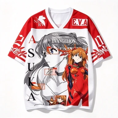 New Century Evangelion Asuka Mesh Jersey Black and White Line Draft+Colorful Asuka Double Character Combination Printed T-shirt