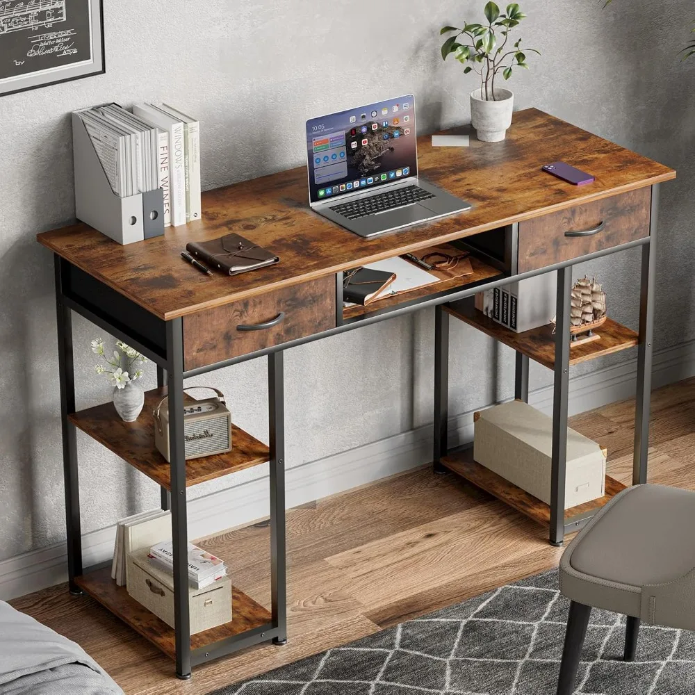 Sweetcrispy Computer Desk 48 Inch Home Office Bedroom Writing Study PC Table with Fabric Drawers Storage Shelves Space Side