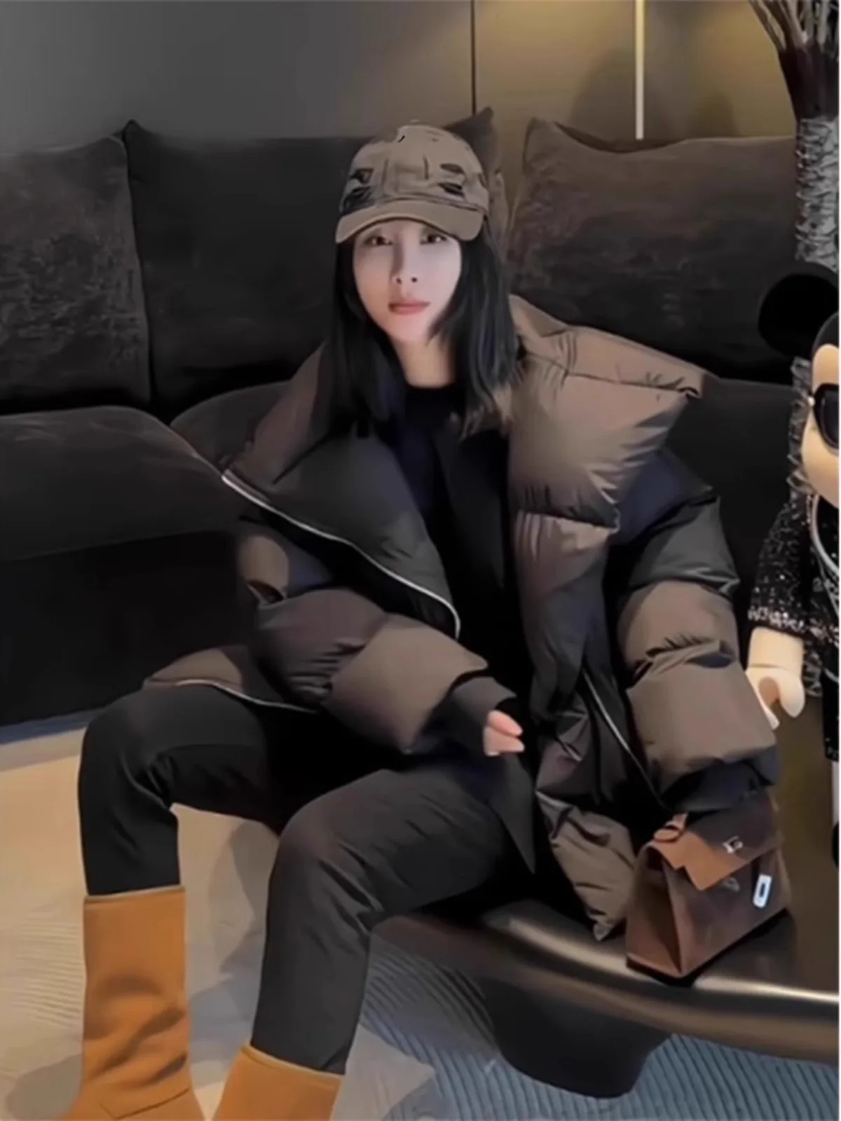 Faionable marrom pão para baixo Jaet feminino inverno novo sle gola grande rua sle commute ele casaco de fibra de poliéster