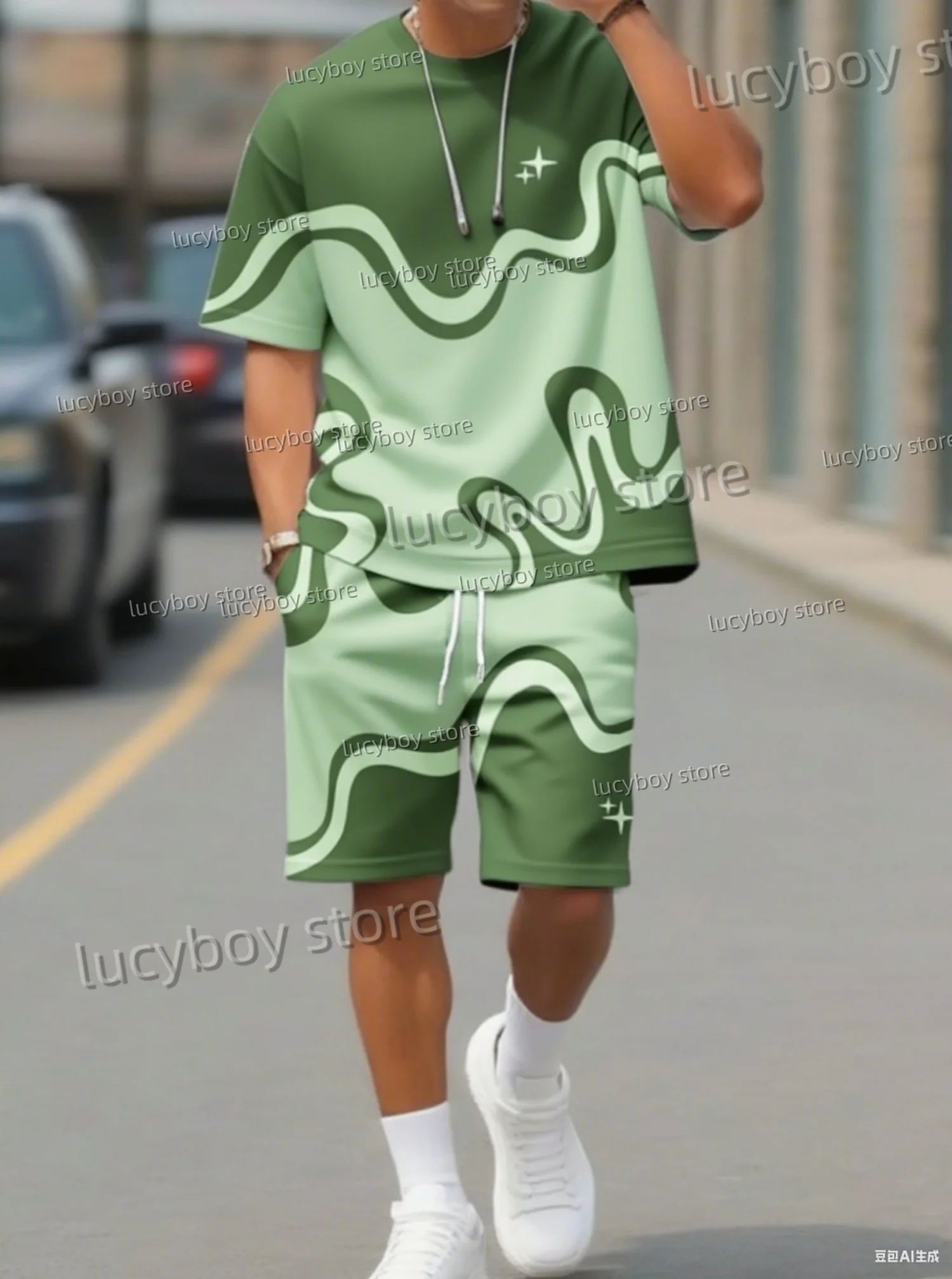 2025 Summer Men 3D digital wave  Print Set Short Sleeve T-Shirt Shorts Set Adult Sport Jogging Plus Size Tracksuit 2 Piece Set