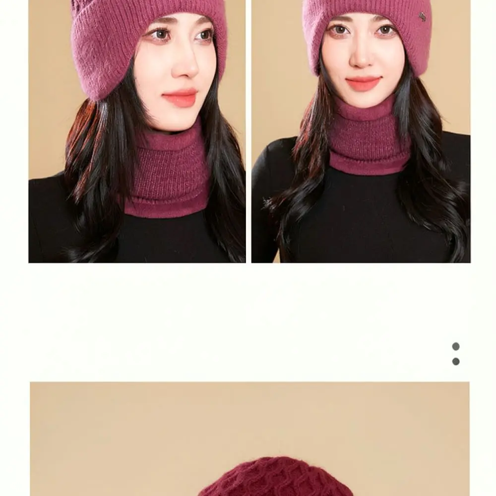 Thick Warm Winter Hat For Women Rabbit Hair Blend Knit Cap Plush Lined Ear Protection Scarf Integrated Thermal Beanies Hood