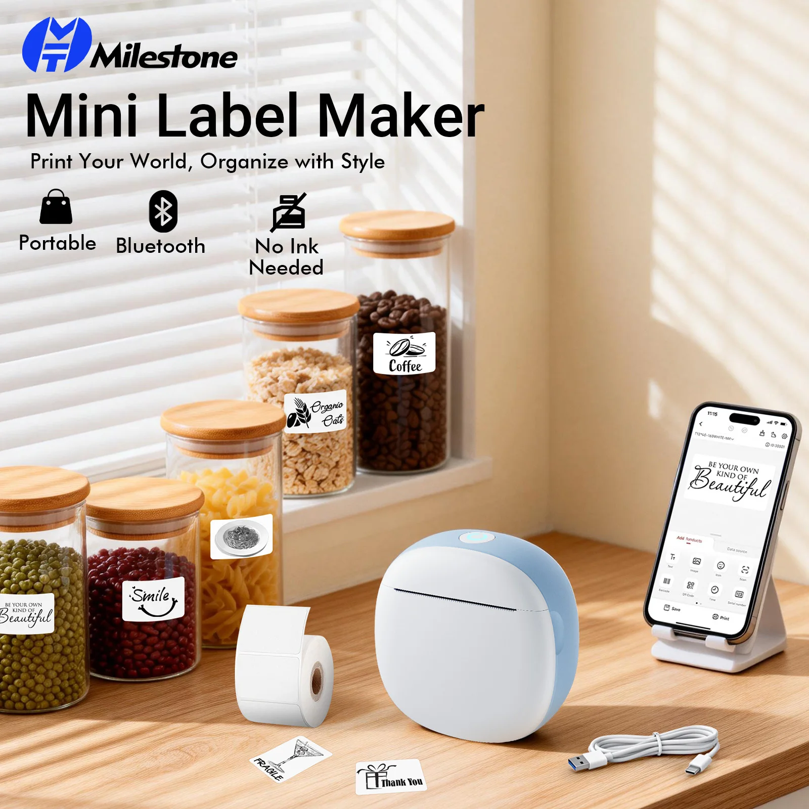 

Milestone Portable Mini Printers Wireless Bluetooth Inkless Sticker Maker Printer Tag Price Machine for Office School Kitchen