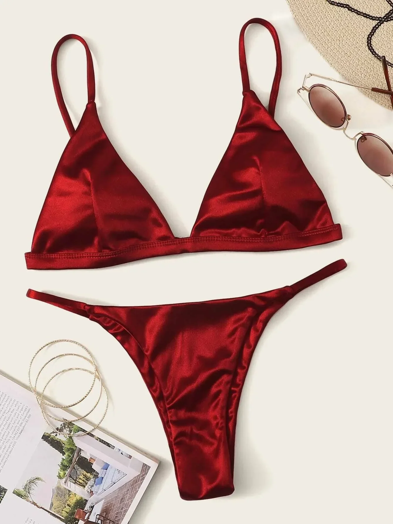 Sexy cetim vinho vermelho triângulo micro bikini define duas peças tanga maiô roupas de praia para mulher conjunto de biquíni