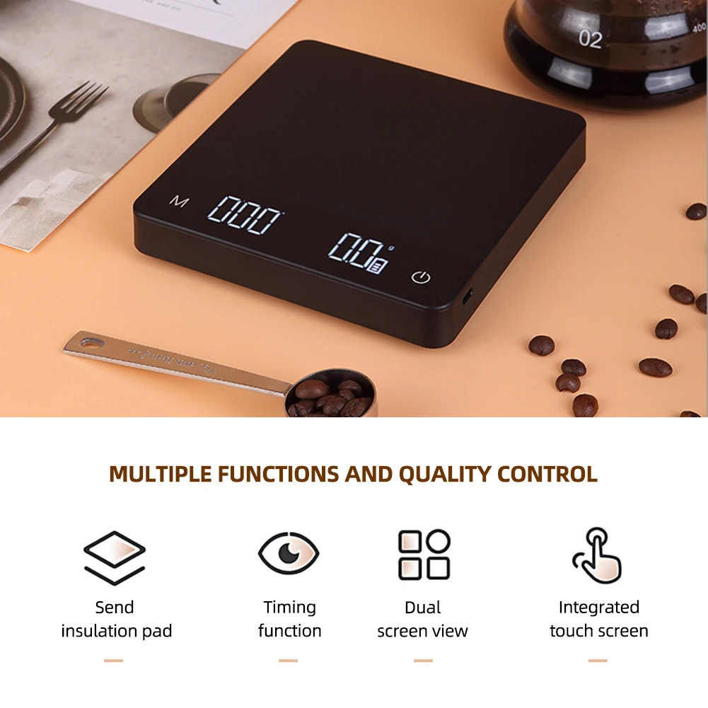 New 2kg/3kg/5kg Digital Coffee Scale Integrated Touch Srcreen Timer Kitchen Scale Type-C Rechargeable Waterproof Food Sc
