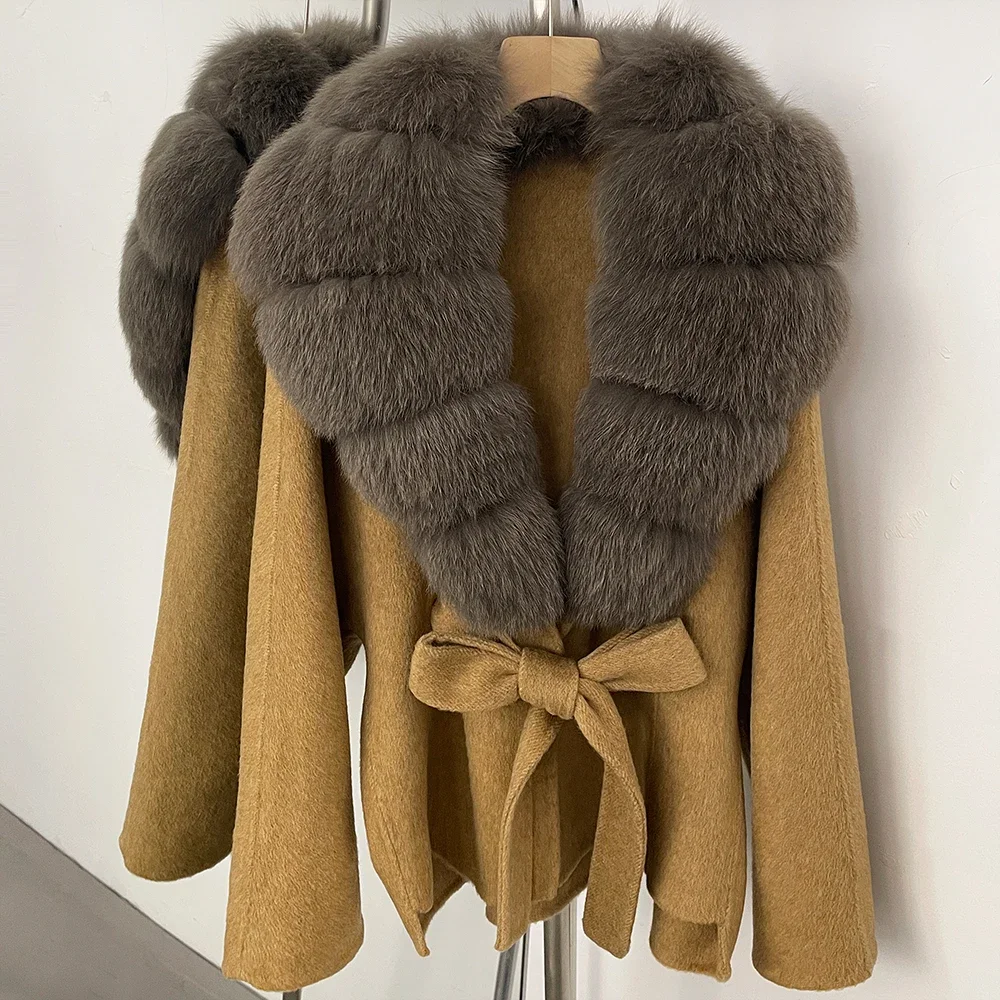 OFTBUY Neue Winterkleidung für Damen, Luxuriöser Kurzer 100% Wollmantel mit Natürlichem Pelzkragen, Warmem Gürtel und Echtem Fuchspelz, Wolljacke für Damen – Detail 36