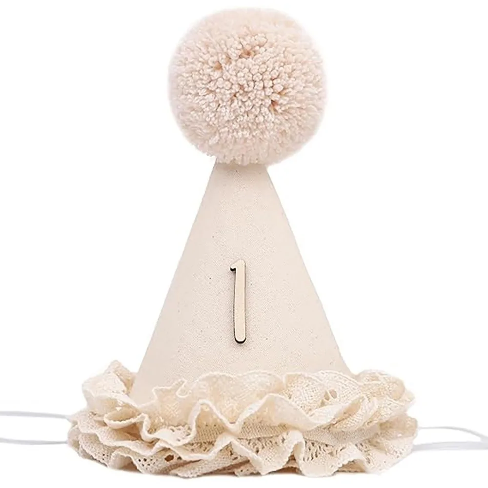 High Quality Sweet Birthday Hat Handcrafted Pom Pom Neutral Color Princess Birthday Hat Lace Ruffle Hat Children's Party