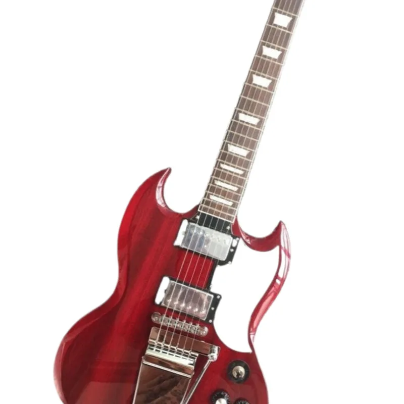 In stock SG electric guitar, mahogany red transparent body, large rocker vibrato chord plate, black guard, LP pickup,