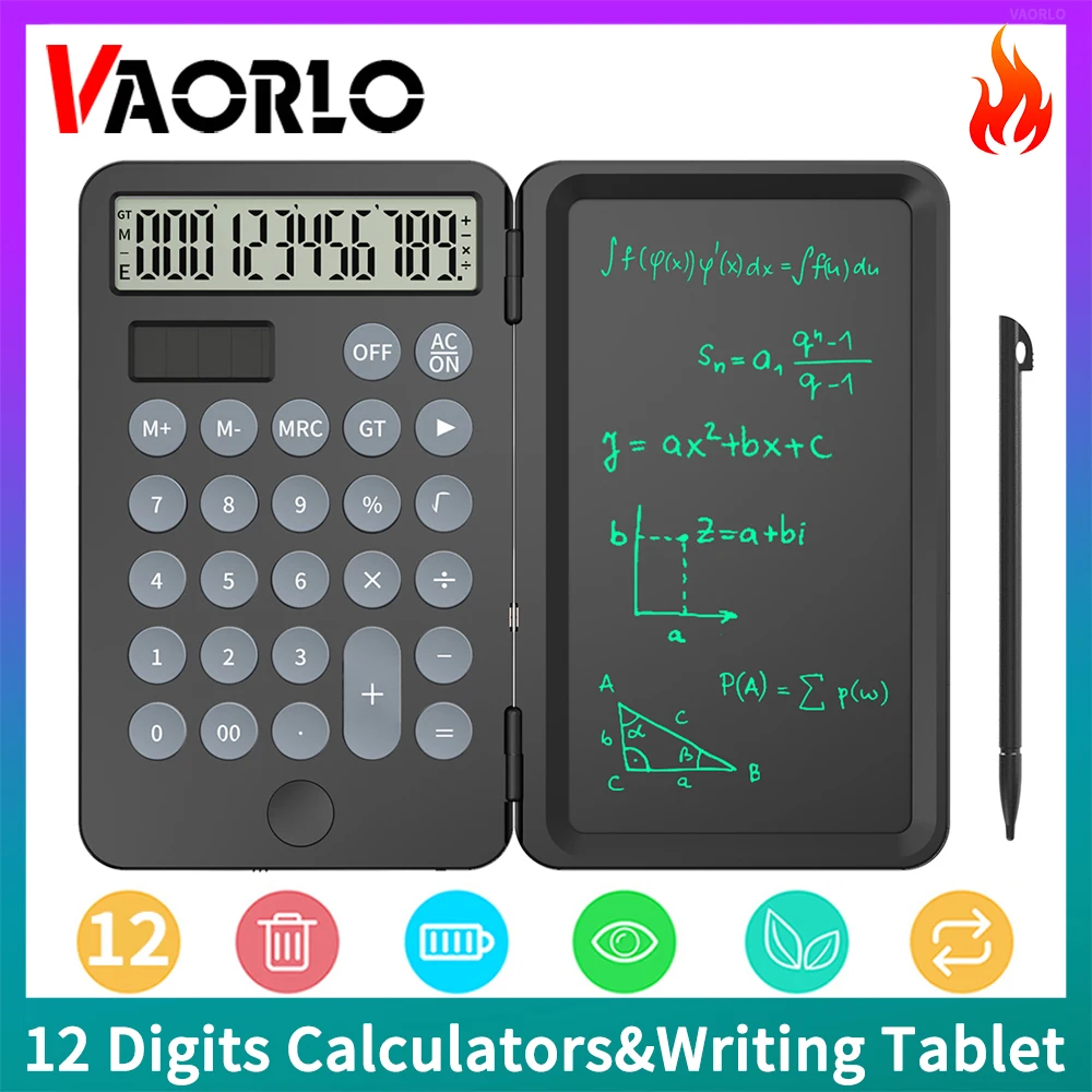 2 in 1 Foldable Solar Calculator 12 Digits 6.5 Inch Writing Tablet LCD Notepad Board Drawing For School Students Office Business