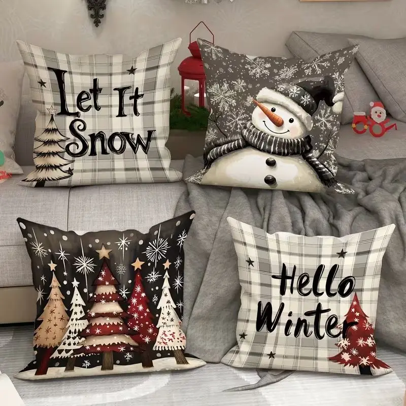 VIKAMA 4Pcs 3D Effect Christmas Pillow Covers Santa Deer Snowman Floral Print Cushion Cases Xmas Sofa Decor Without Insert