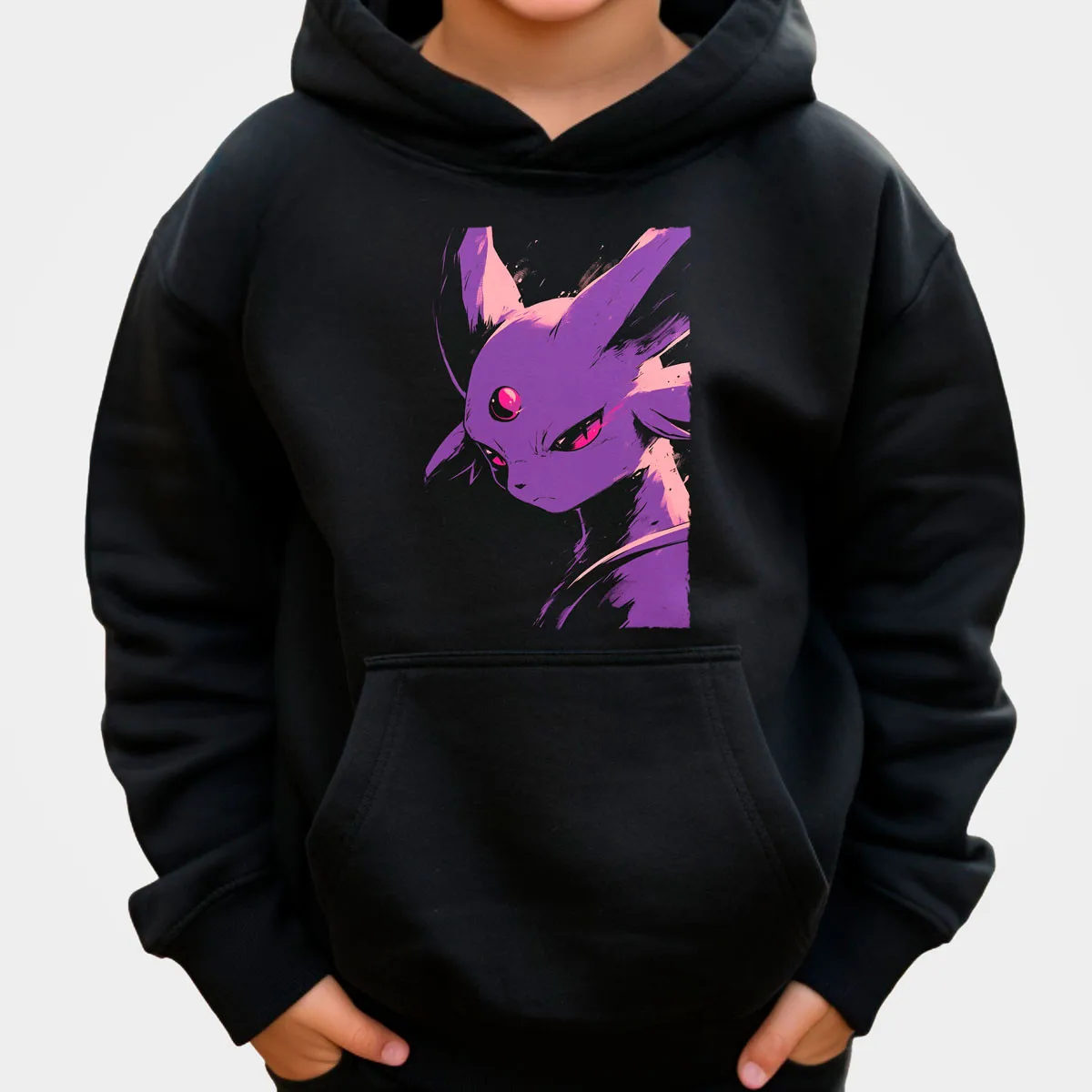 ポケモンアニメ ウンブレオン コットンパーカー ブラック、青い光る目、黄色の満月の夜の牧草地のシーンパターン、ルーズフィット