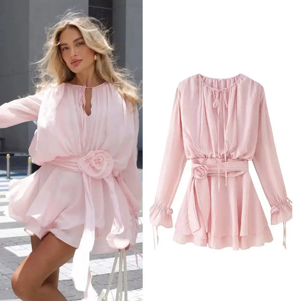 2025 verão outono feminino com flores puff manga longa o pescoço em camadas vestidos de linha a doce moda feminina mini vestidos