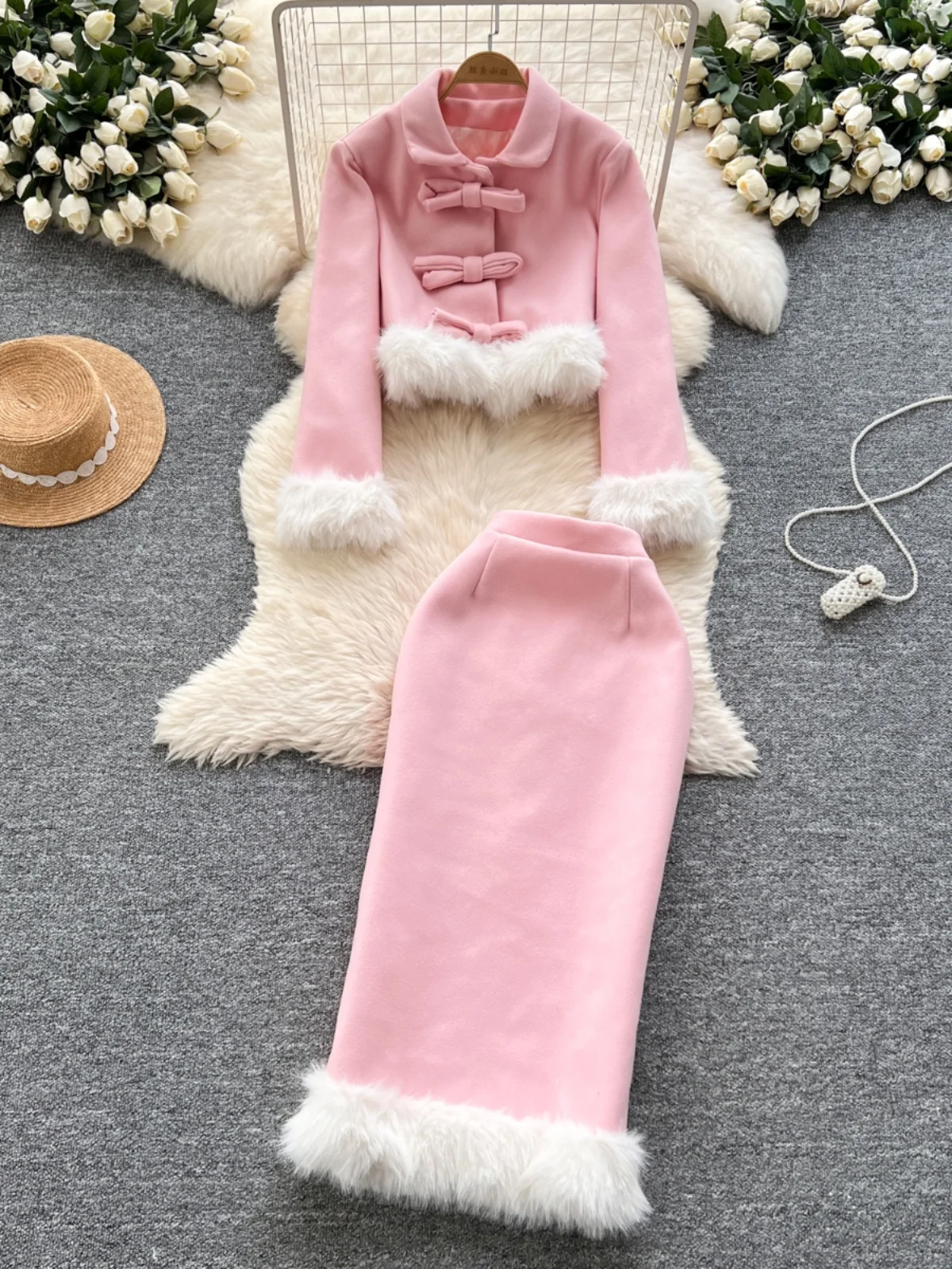 

Fashionable Short Tailored Jacket And Skirt Set for Women with Bow Design Autumn Winter High Waist Bodycon Outfit