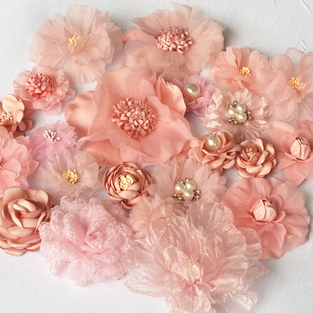 20-teiliges Set Rosa Serie Mix 20 Stile Chiffon Organza Stoff Rose Blumen Hochzeitskleid Mädchen Kleidung Kopfbedeckung Dekoration DIY
