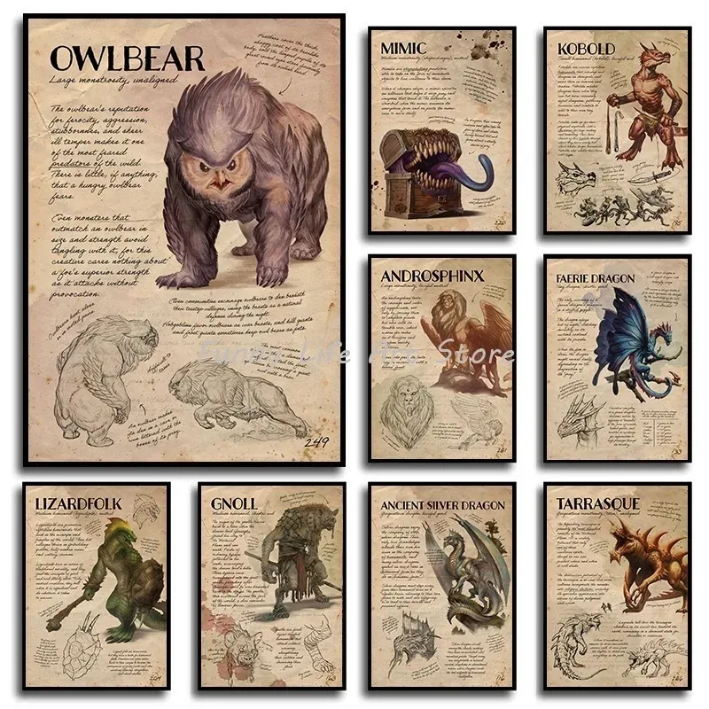 (2D canvas painting) D&D Monster Manual Movie Game Dungeons & Dragons Posters and Prints Canvas Printing Wall Art Picture for