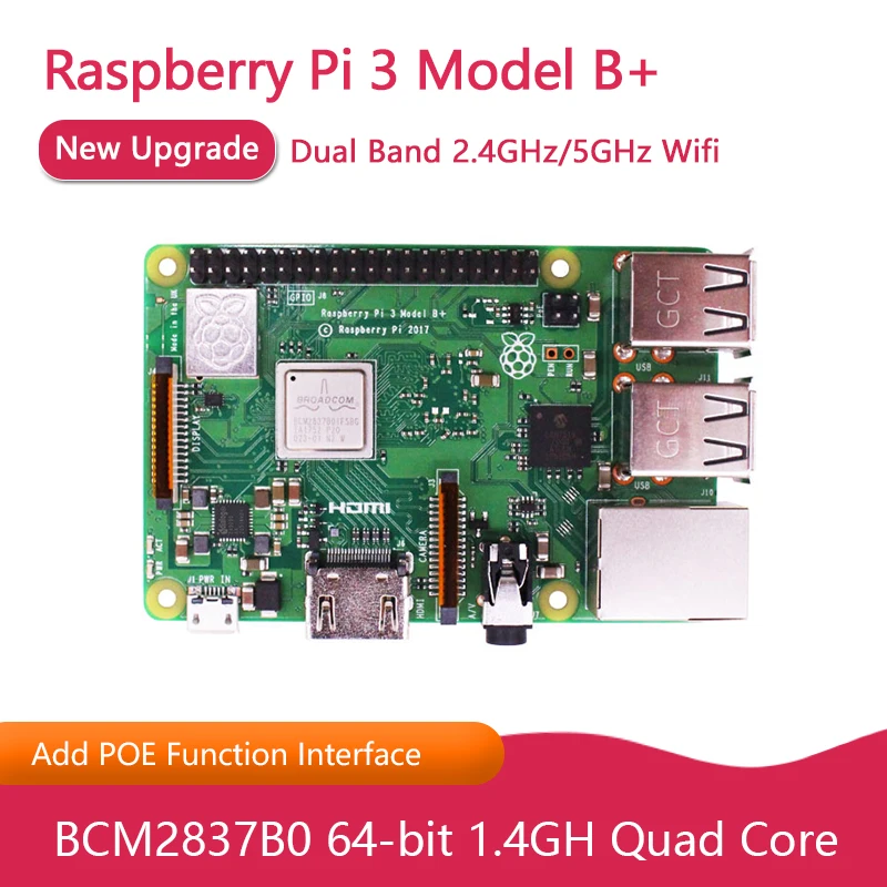 Original Raspberry Pi 3 Model B+ 3B Plus BCM2837 64-bit 1.4GHz  with 2.4G & 5G WIFI 4.2 Bluetooth and PoE