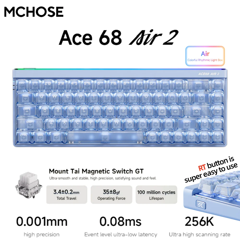 MCHOSE Ace68 Air 2 Gaming Keyboard Taishan GT Switch Aluminum Plate 256K Scan Rate 8k Polling Rate RT Keys 0.001mm Accuracy ARGB