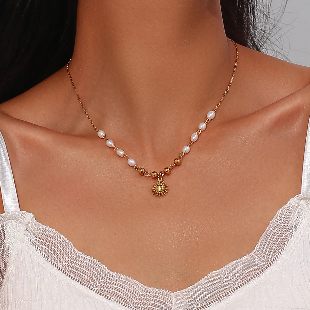 Freshwater Pearl Gold Color Beads Chain Stainless Steel Necklace Optimistic Sun Pendant Necklace For Woman Christmas Gift