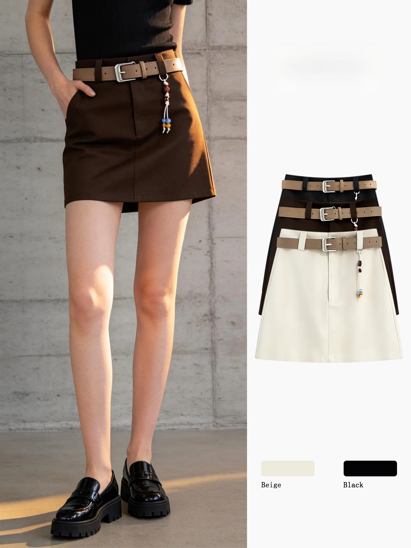 Slimming A-Line  Skirt in Beige for Women with Pockets High Waist Design for Office Commute Polyester Fiber Bodycon Skirt