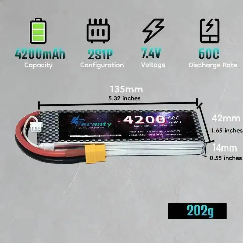 2S 7.4V 4200mAh 60C Long Lipo Battery Pack XT60/T Connector for RC Racing Car Drone FPV Airplane Boat Hobby Model Accessories