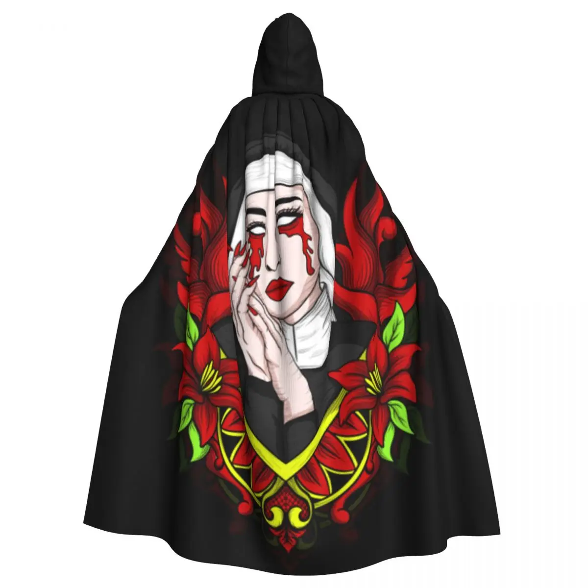 Unisex Witch Party Reversible Hooded Adult Vampires Cape Cloak Nun With Engraving Flower