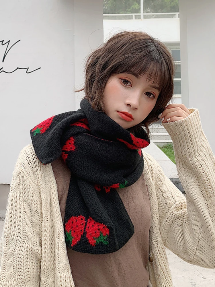 Women Winter Knitted Scarf Headscarf Ladies Men Casual Preppy Black Strawberry Warm Scarve Mujer Male Foulard Wrap Shawls Unisex