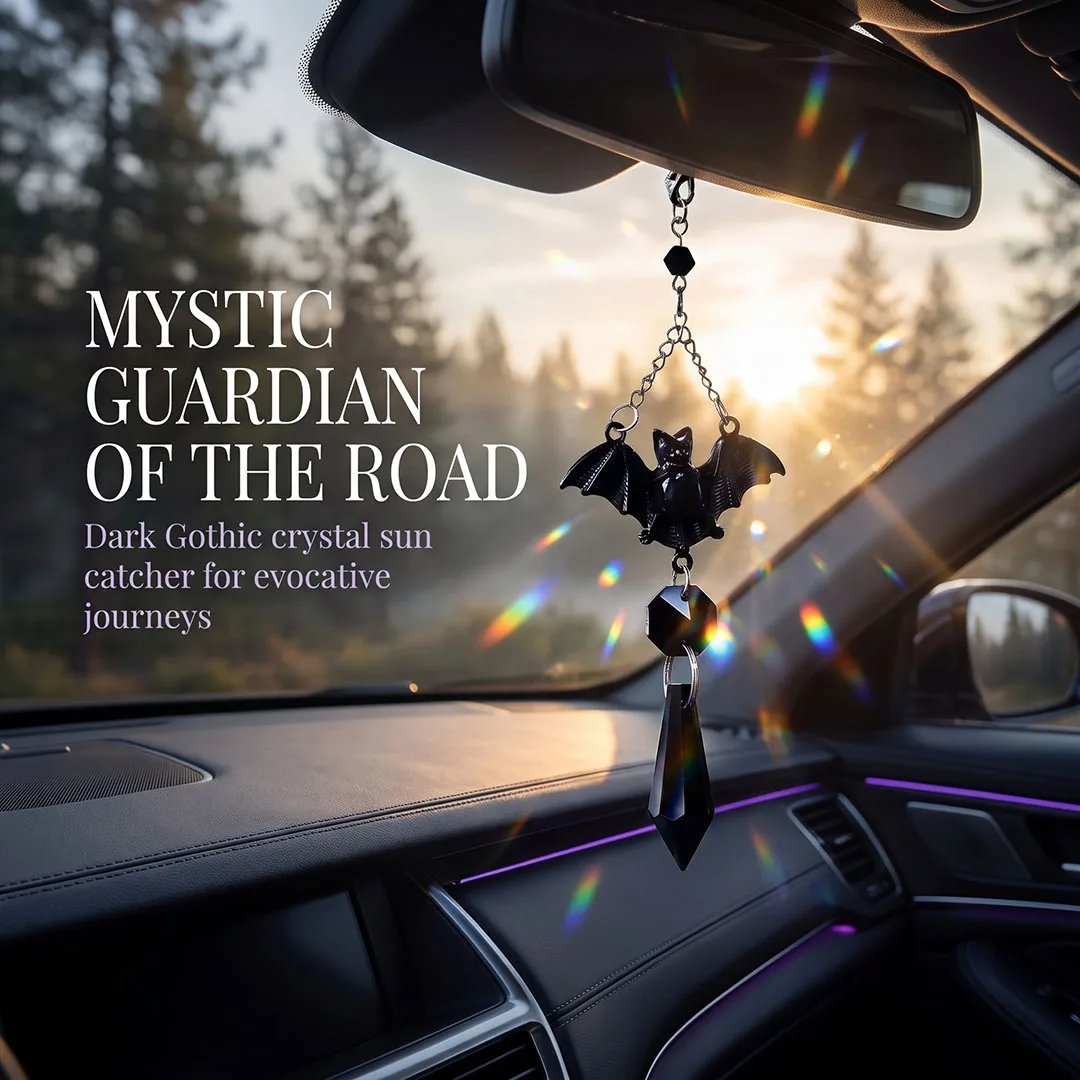 Halloween Gothic Black Bat Car Rearview Mirror Hanging Ornament Crystal Pendant Charm Auto Interior Decoration Accessories