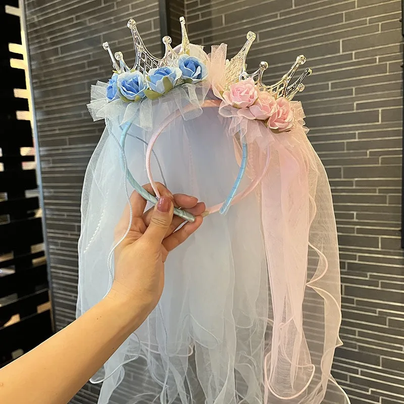 

Girls Floral Crown Headband with Long Tulle Veil Toddler Fashion Princess Hairpin Hair Accessory for Wedding Photoshoot A1-5