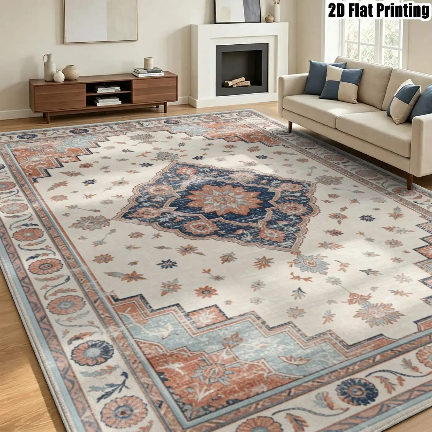 1Pc 2D Printed Morandi Retro Ethnic Pattern Carpet, European/Bohemian Style, Geometric, Machine Washable, Multi-Size, Home Decor