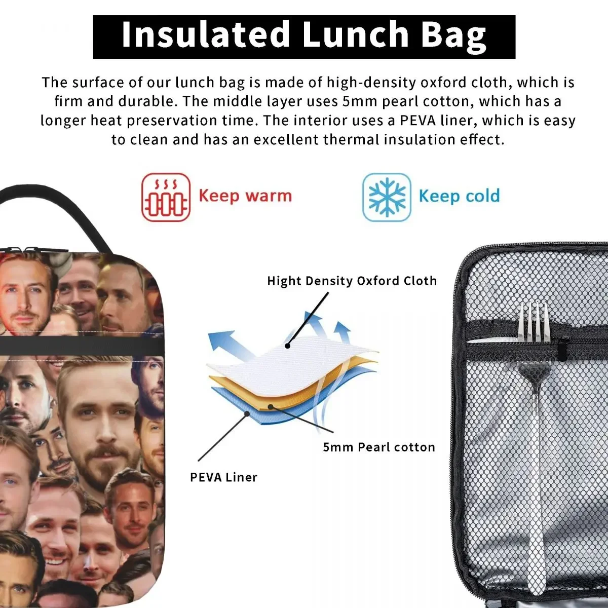 RYAN GOSLING Photo Collage Insulated Lunch Bags Food Bag Portable Cooler Thermal Lunch Box For Travel