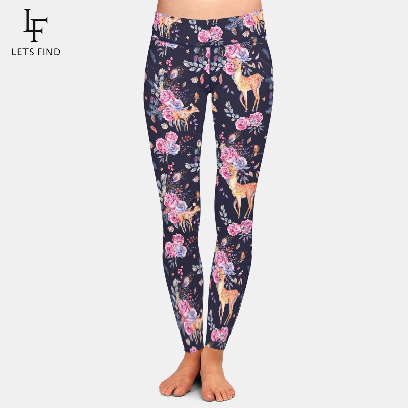 Letsfind bonito veados e flores padrão 220gsm duplo lado escovado leite impressão de seda leggings femininas cintura alta leggings