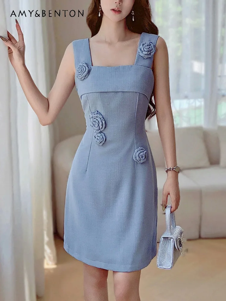 

High-Grade Heavy Industry Three-Dimensional Flower Slim Vest Dresses French Graceful Socialite Slim Sleeveless Dress for Women