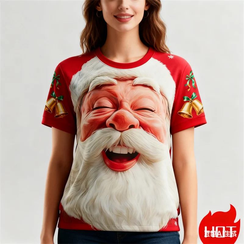 

Funny Santa Claus Graphic T-shirt For Women 3D Printed Fashion Short Sleeve Tees Summer Street Hip Pop Y2k Crew Neck Pullover