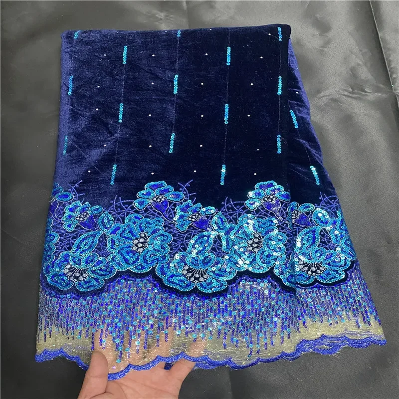 

5 Yard Nigerian Flocking Velvet Sequins Lace Fabric High Quality African Heavy Beaded And Pearls For Woman Party Dresses PS09031