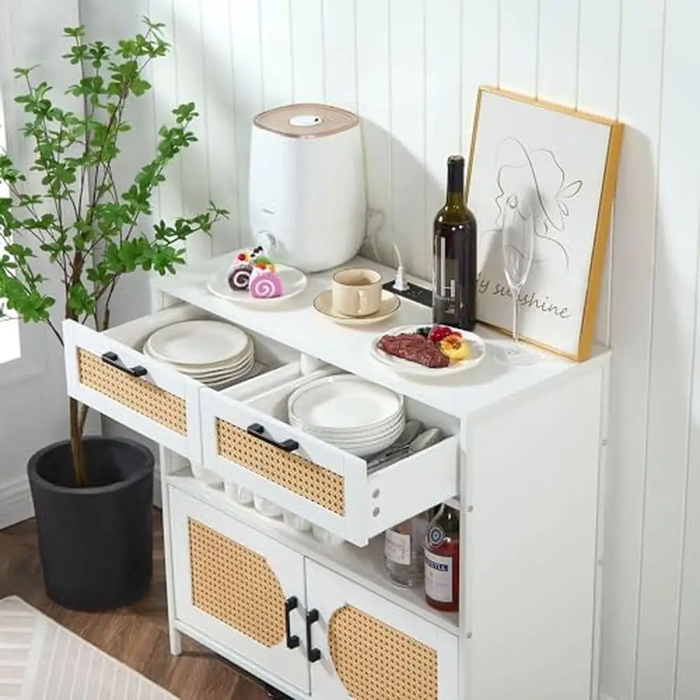 Boho Style Sideboard Buffet Cabinet with Charging Station and Rattan Doors