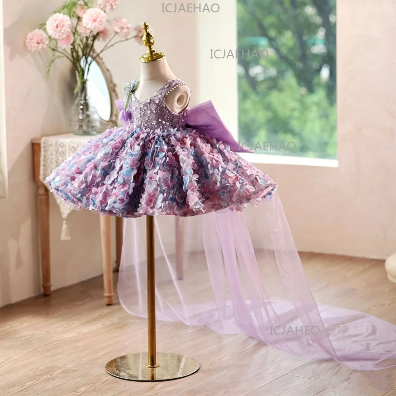 Children Girls Birthday Party Banquet V Neck Gown Clothes Piano Performance Fashion Elegant Kids Host Princess Dress Costume