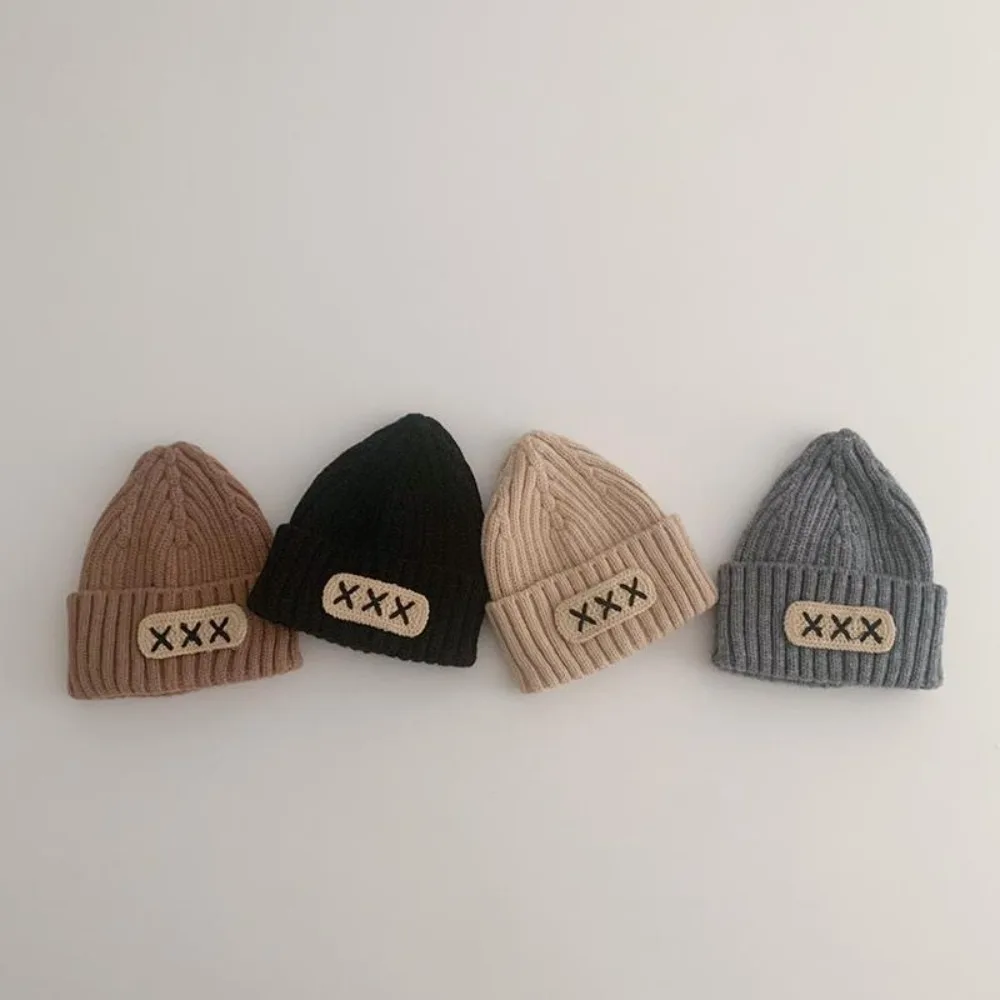 New Double Wool Knitted Hat Letter Embroidery Solid Color Beanie Caps Warm Children Cap Winter